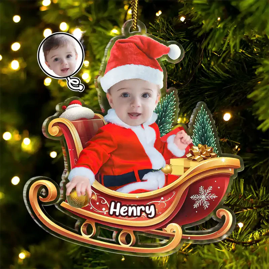 Personalized Baby Santa Acrylic Ornament in Sleigh – Custom Photo Christmas Ornament, Festive Tree Decor & Unique Holiday Gift