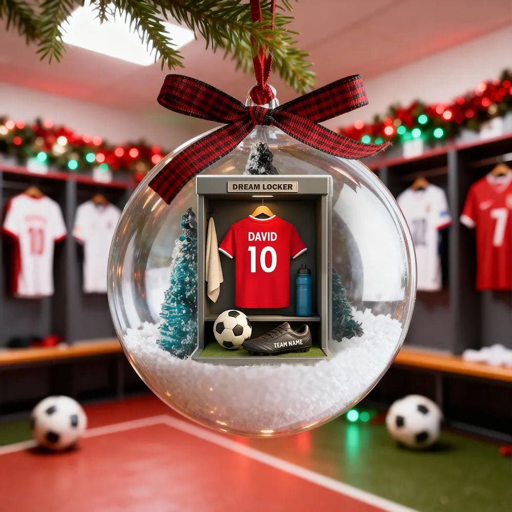Christmas Snow Globe Ornament - Soccer Locker Mini Scene, Clear Acrylic, Personalized - Unique Gift for Son, Grandson, Boyfriend