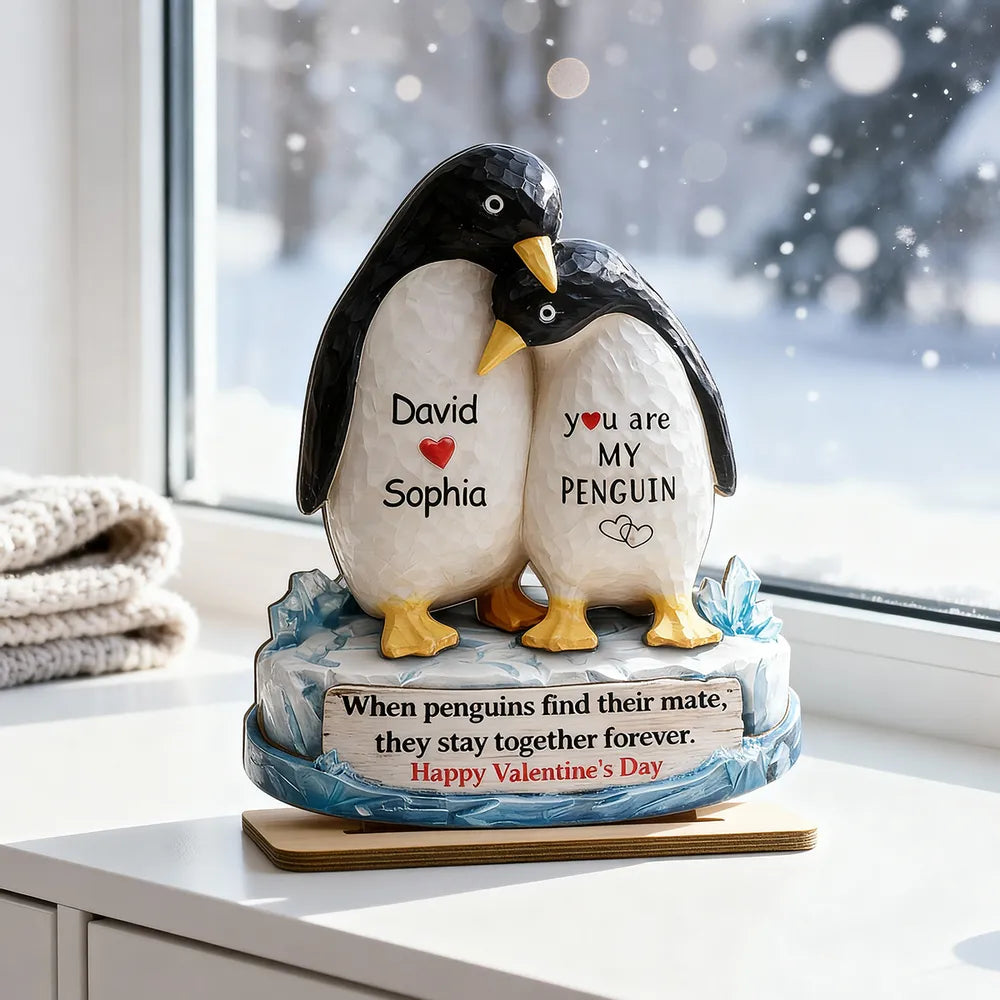 Personalized 2-Layer Wooden Plaque Penguin Couple Hugging for Valentine's Day, a Unique Romantic Gift for Him or Her