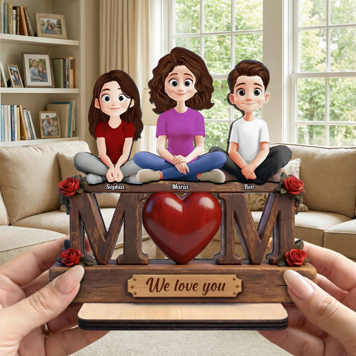 Personalized 2-Layer Wooden Plaque with Custom Cartoon Family and We Love You Message, Unique Gift for Mom