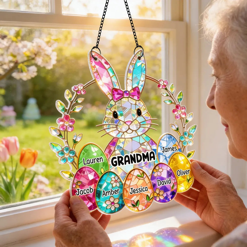 Acrylic Suncatcher Ornament Rainbow Bunny with Floral Wreath for Grandma Sunny Window Decor Unique Gift