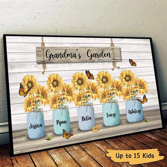 Personalized Grandma's Garden Sunflower Mason Jar Poster, Vibrant Wall Art, Unique Gift for Mom or Grandma