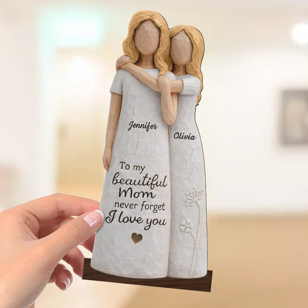 2-Layer Wooden Plaque Personalized for Mom, Sweet Mom and Daughter Hug Decor, Unique Gift With 'Never Forget I Love You'