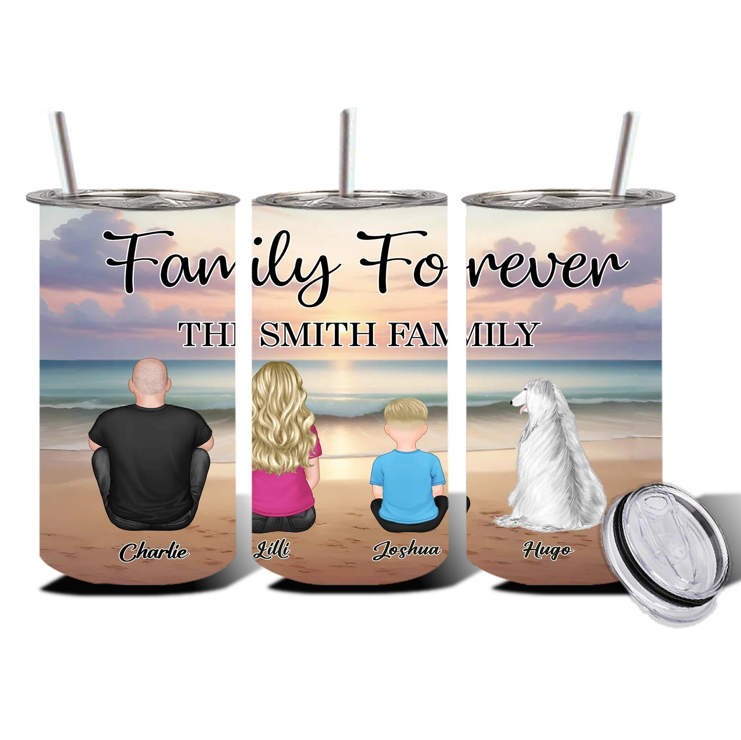 Family Forever Beach Design - Personalized Insulated Travel Tumbler, Wallet Card, Blanket, Cotton Tote Bag, Wooden Carhanger, LED Plaque, Keychain and Poster, Unique Gift