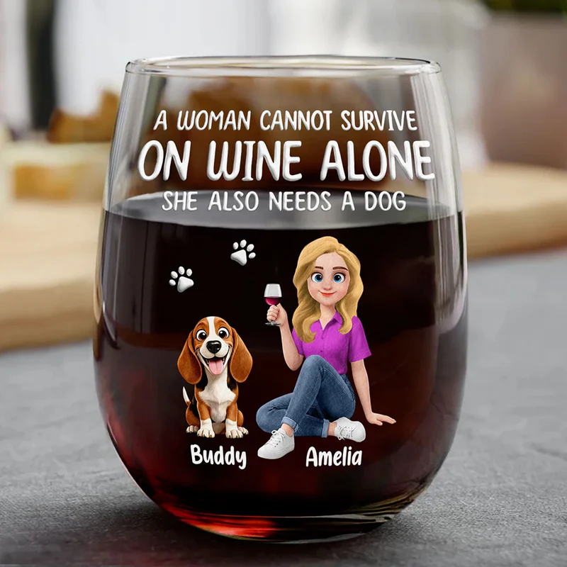 Personalized Wine Glass with Woman and Dog Cartoon - Funny Dog Mom Gift for Wine Nights