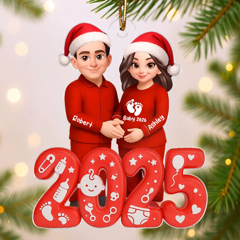 Acrylic Ornament for Expecting Parents - Personalized Santa-Hat Couple, Cozy Tree Keepsake, a unique gift for Mom-to-Be & Dad