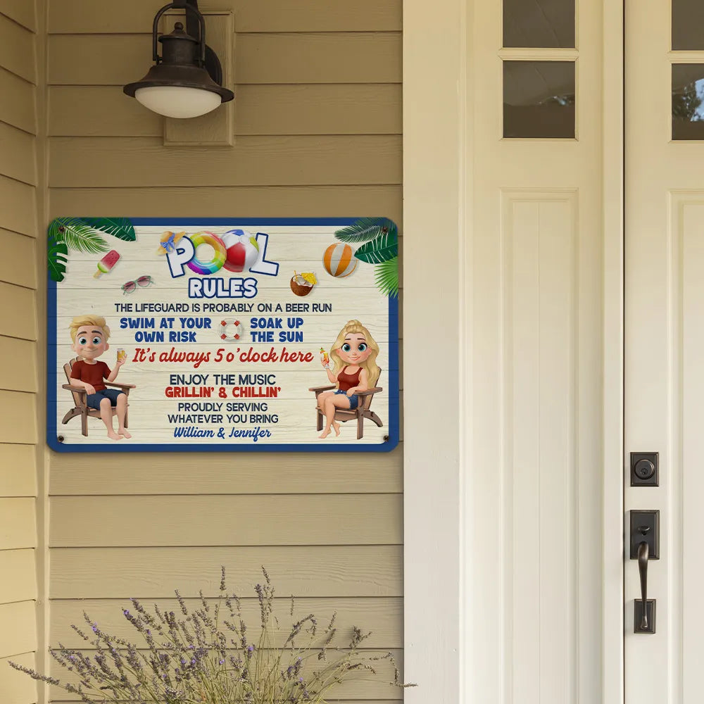 Personalized Pool Rules Rectangular Iron Sign for Backyard Pool Decor, Funny Summer Vibes, Unique Gift for Couples