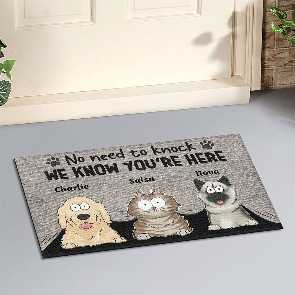 Personalized Pet Doormat – Funny 'No Need to Knock' Welcome Mat with Custom Dog & Cat Names – Perfect Gift for Dog & Cat Lovers, Housewarming Decor
