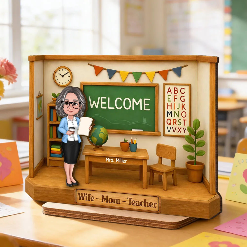 Personalized 2-Layer Wooden Plaque, Classroom Welcome Teacher Scene, Unique Gift for Teacher Mom with Heartfelt Vibe