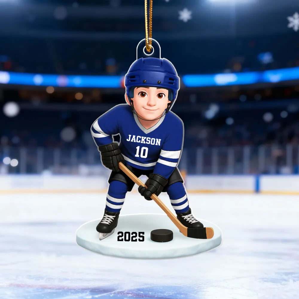 Personalized Hockey Acrylic Ornament for Kids – Custom Player Design Christmas Gift & Festive Decor