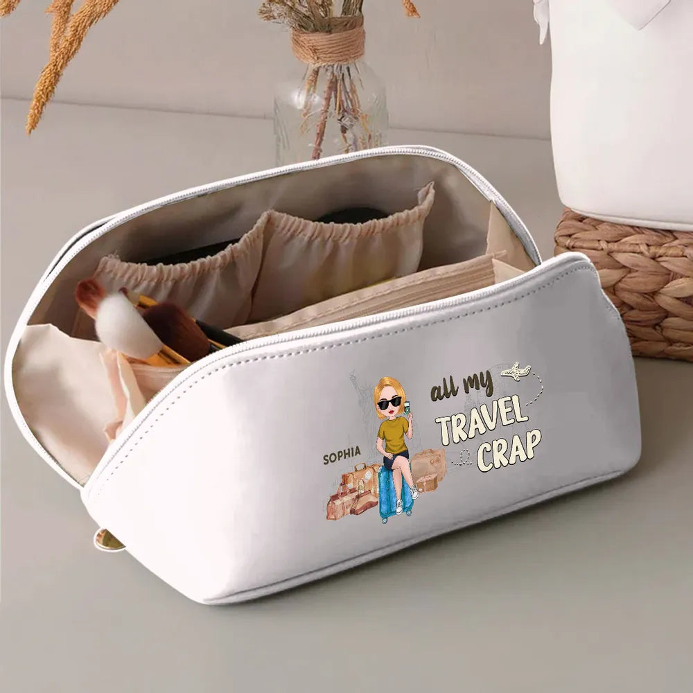 Personalized Leather Makeup Bag for Travel Lovers – Custom Cartoon Girl Design, Spacious Organizer, Unique Trendy Gift