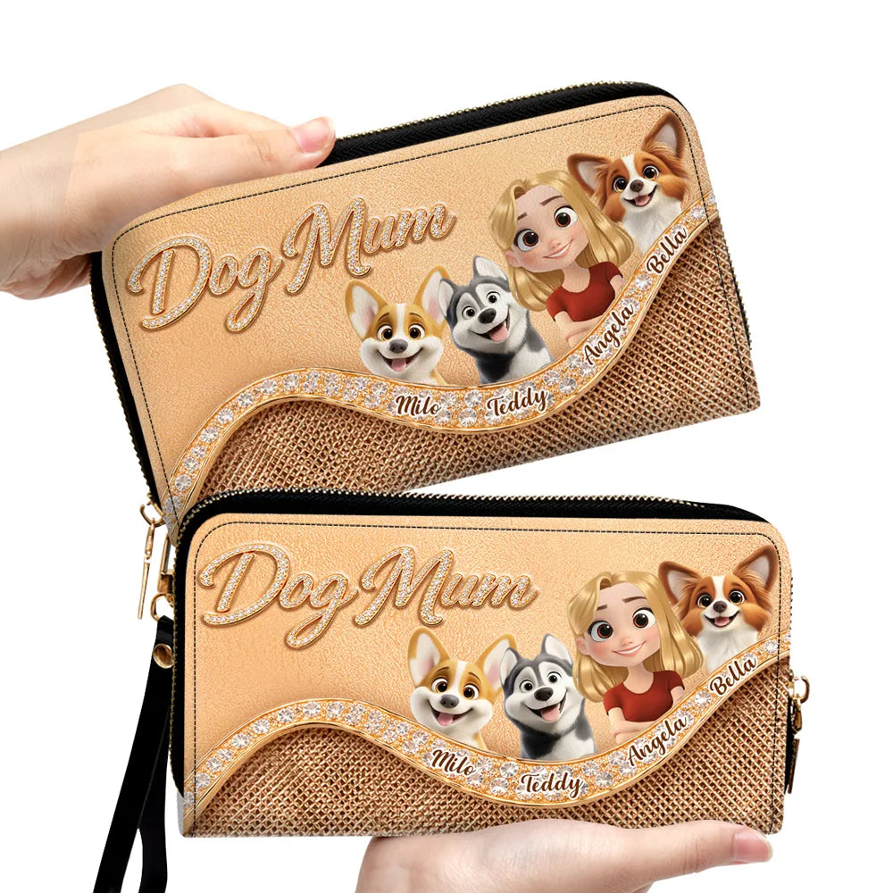 Personalized Dog Mom Leather Long Wallet, Custom Cartoon Woman & Puppy, Sleek Daily Carry, Unique Gift for Her