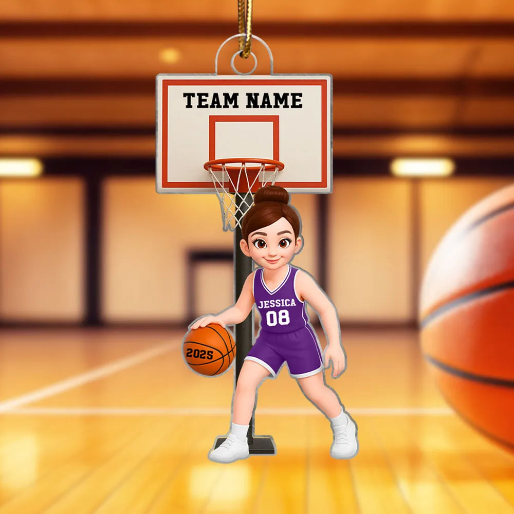 Acrylic Ornament, Cute Basketball Girl Dribbling on Indoor Court, Personalized, Creative Gift for Daughter, Player, or Coach