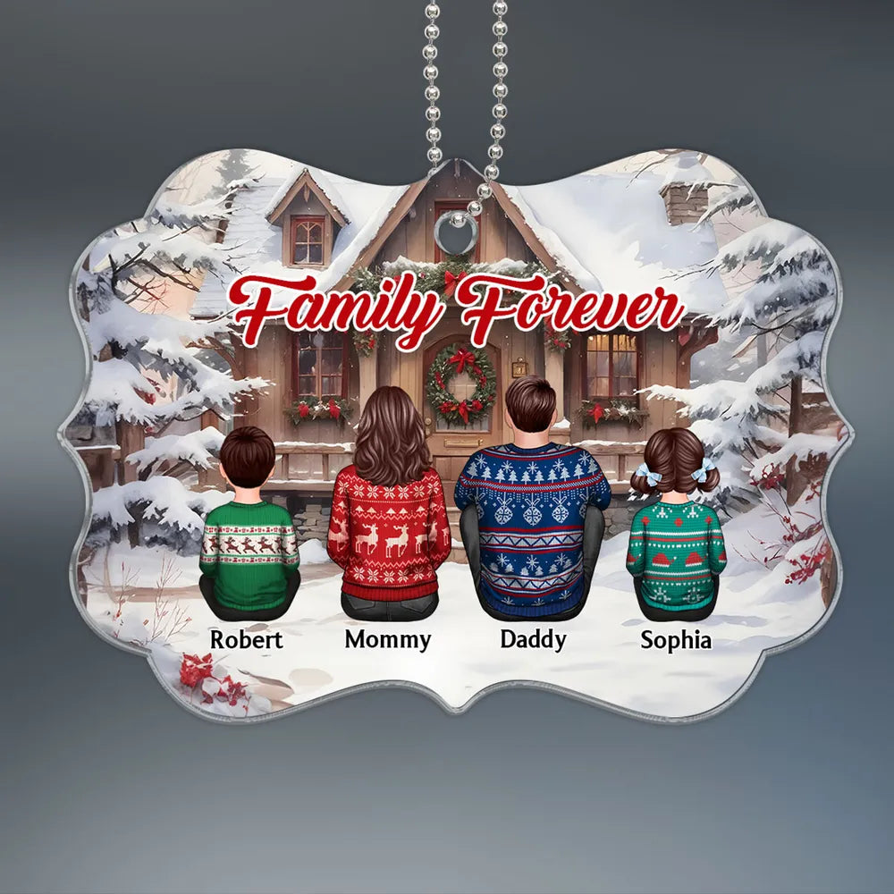 Snow House Back View Family Sitting Personalized Ornament or Poster or Plaque or Keychain
