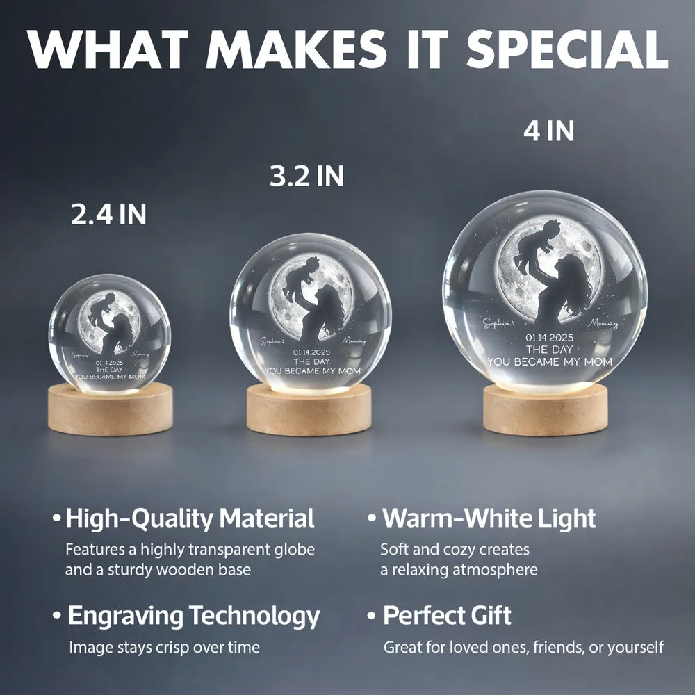Personalized Globe Lamp with Mom Lifting Child Silhouette and Moon Glow, Unique Mother's Day Gift for Mom