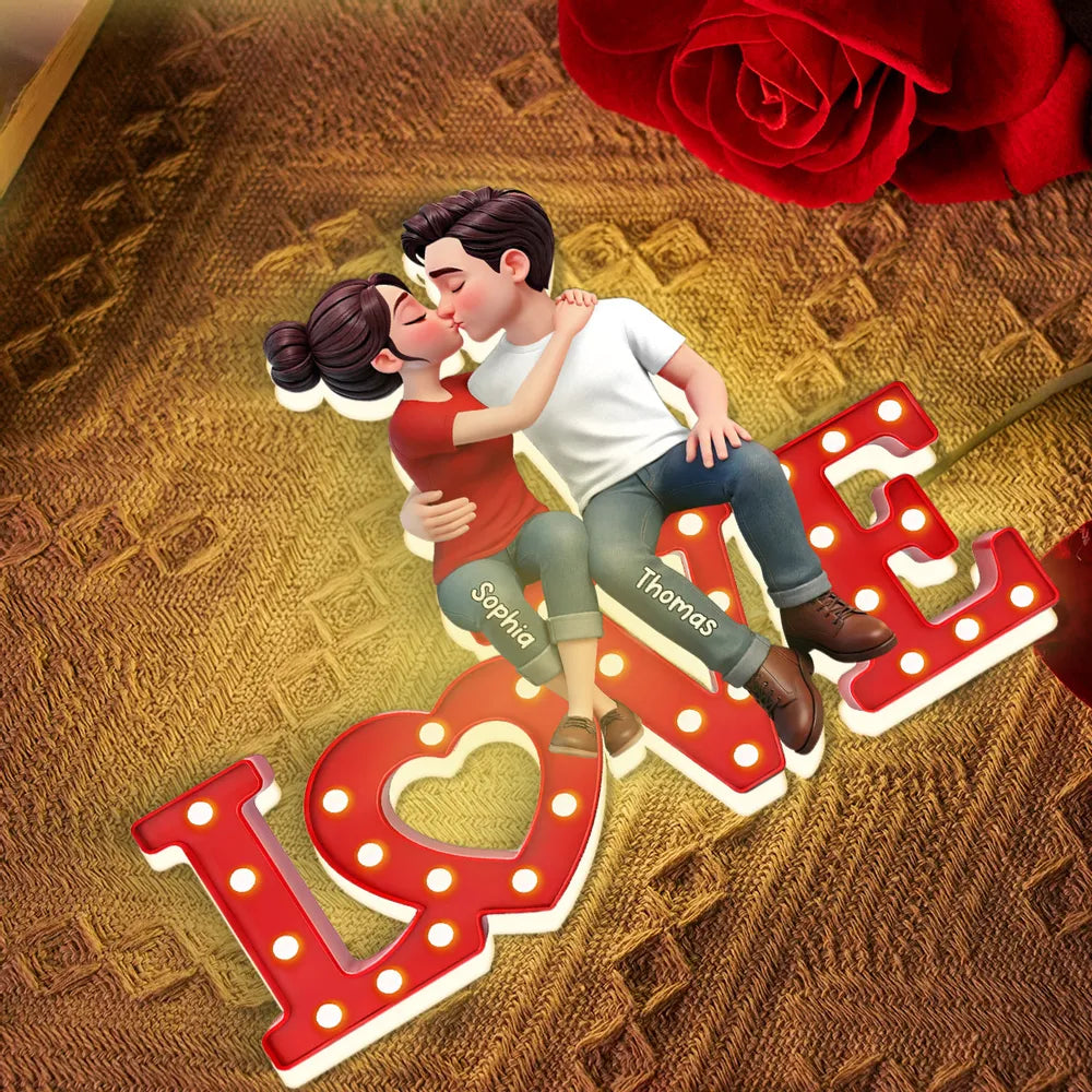 Personalized Acrylic Light Box with Kissing Couple on LOVE Sign, Warm Glow Bedroom Decor, Unique Gift for Him or Her