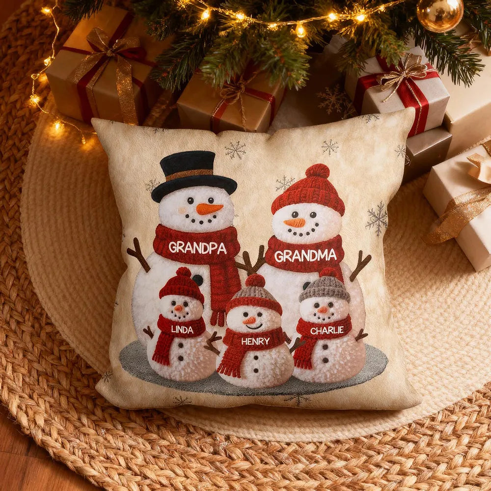 Square Pillow, Snowman Family Christmas Design, Personalized Holiday Decor, Cozy Accent for Grandma & Grandpa, a Unique Gift