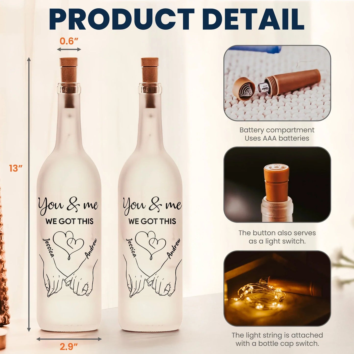 Personalized You & Me Bottle Lamp with Hand-Holding Line Art for Bedroom Decor Warm Glow Unique Gift for Couples