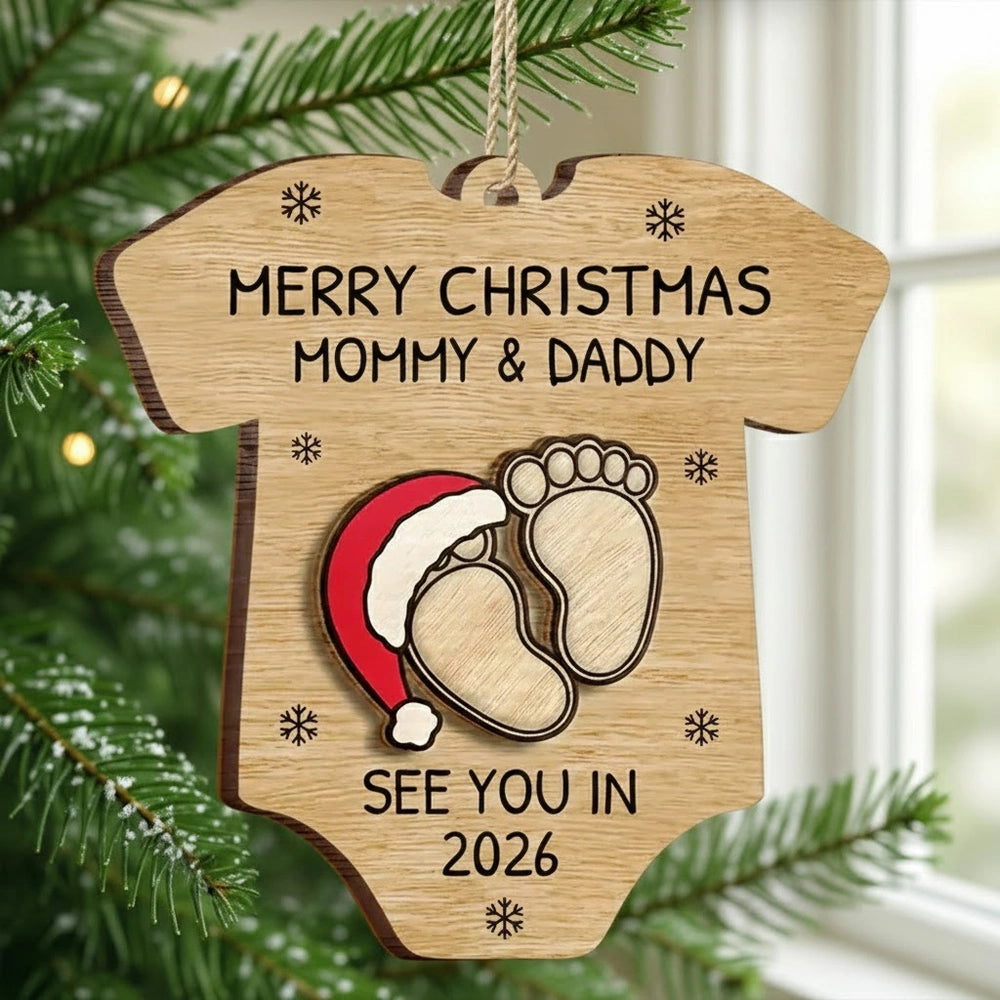 Custom Baby Announcement 2-Layer Wooden Ornament – Onesie Shape with Tiny Footprints – Adorable Nursery Decor and Creative Holiday Gift for Mommy and Daddy