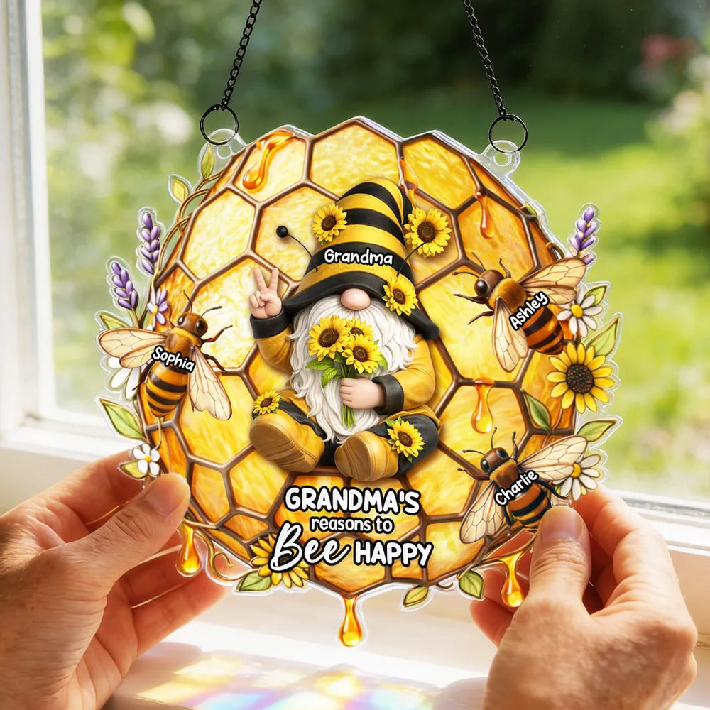 Acrylic Suncatcher Ornament With Cute Gnome Bees and Sunflowers Bright Window Decor A Sweet Personalized Gift For Grandma