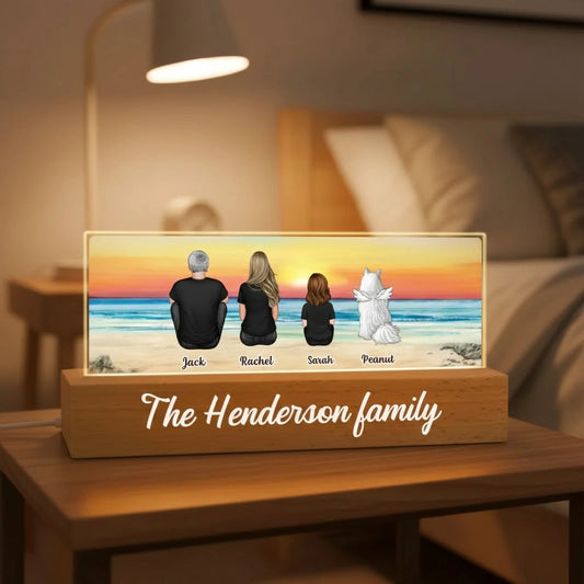 Personalized LED Light Plaque with Family Back View Beach Sunset Scene, Custom Home Accent, Unique Gift for Parents & Kids