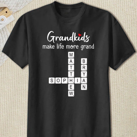 Grandkids Make Life More Grand Classic Tee, Personalized Crossword Name Shirt, Unique Gift for Grandma or Mom