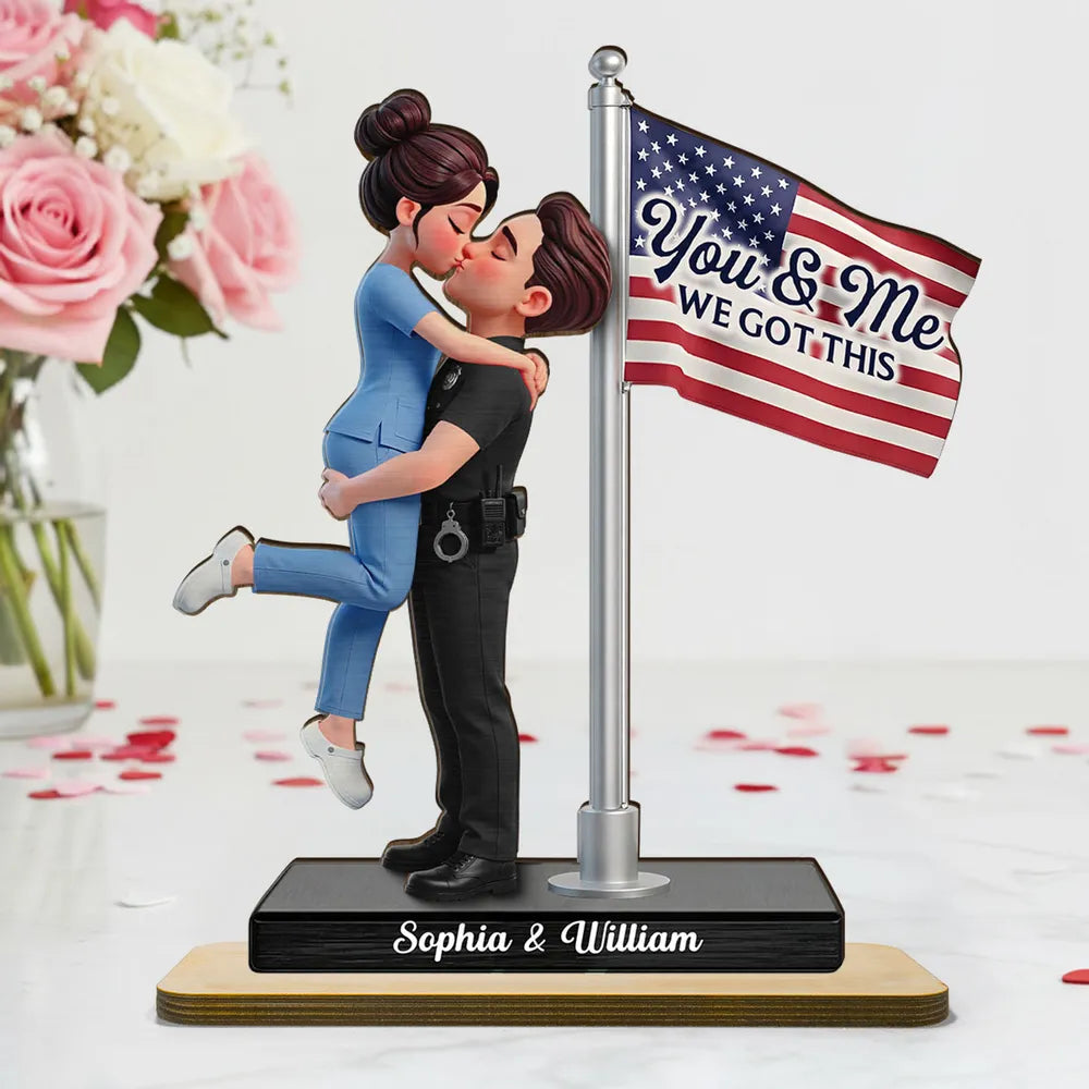 Personalized 2-Layer Wooden Plaque Hero Couple Kissing by US Flag You & Me We Got This Unique Gift for Him or Her