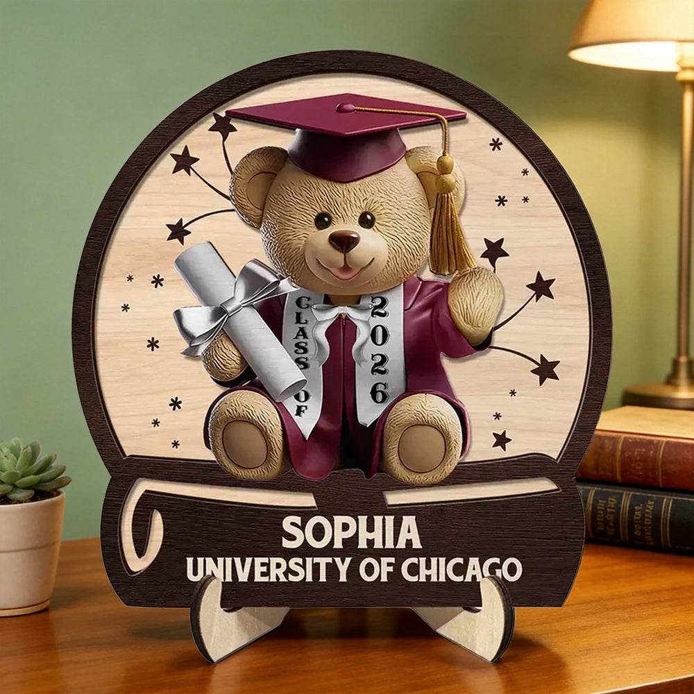 Custom Graduation Bear 2-Layer Wooden Plaque for Nursery or Living Room Display, Sweet Congrats Keepsake, Thoughtful Gift