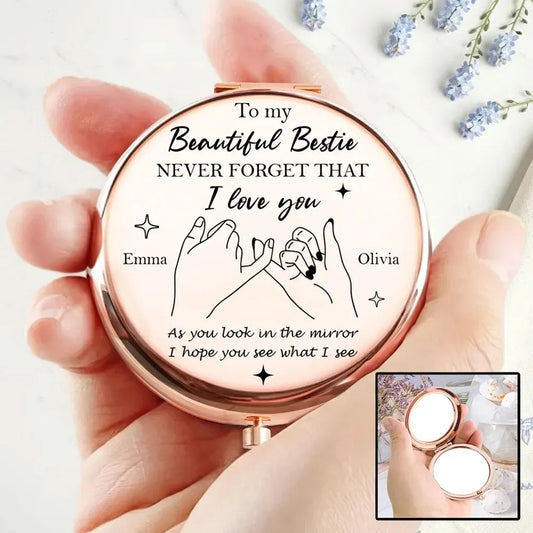 Metal Compact Mirror With Bestie Love Quote And Pinky Promise Drawing, Thoughtful Personalized Gift For Friends