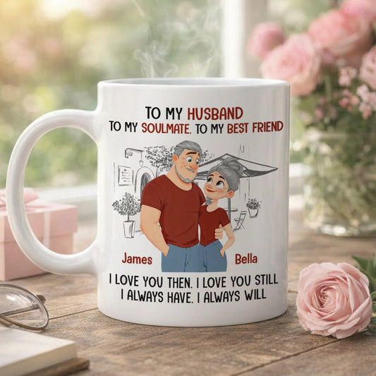 Personalized Ceramic Mug With Cute Couple Illustration, 'I Always Have I Always Will' Romantic Gift For Husband