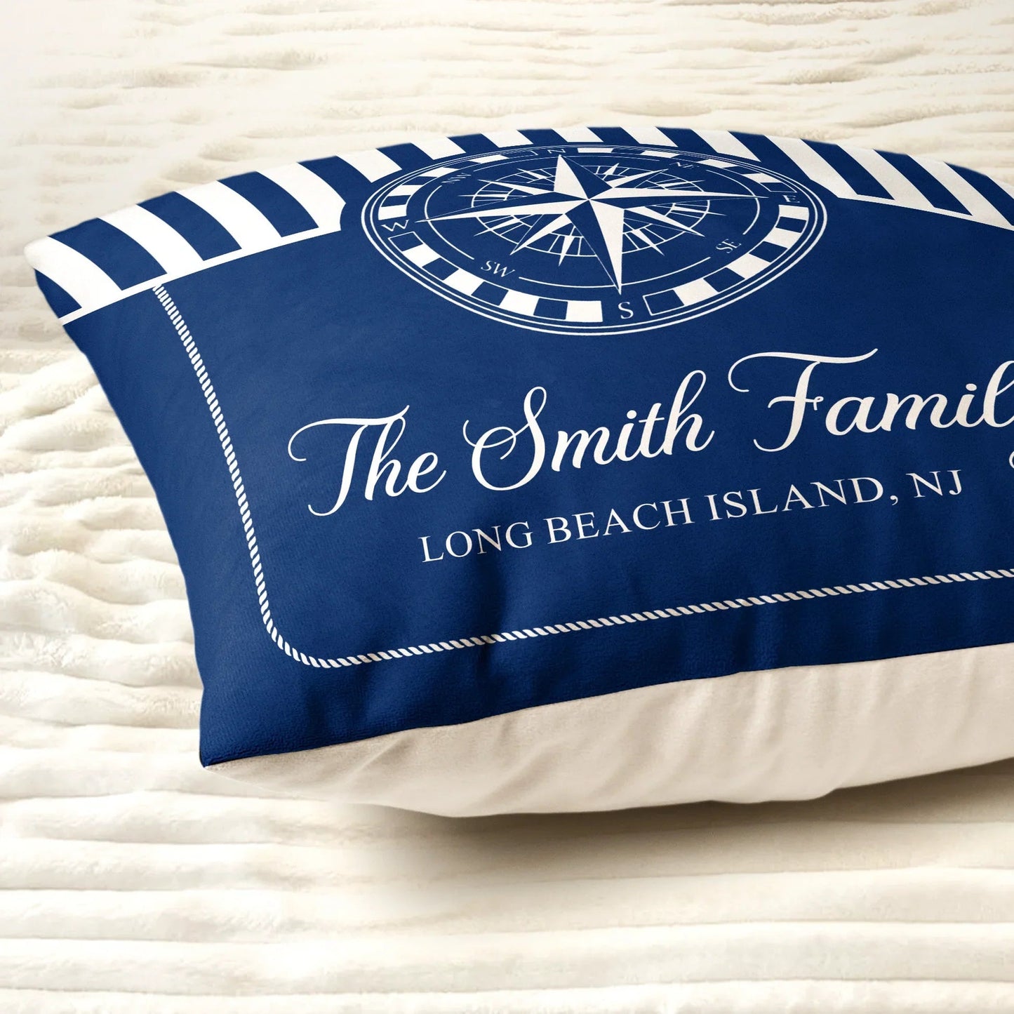 Navy Coastal Square Pillow, Personalized Family Name Boat Style Accent, Crisp Nautical Look, Unique Gift for Beach House