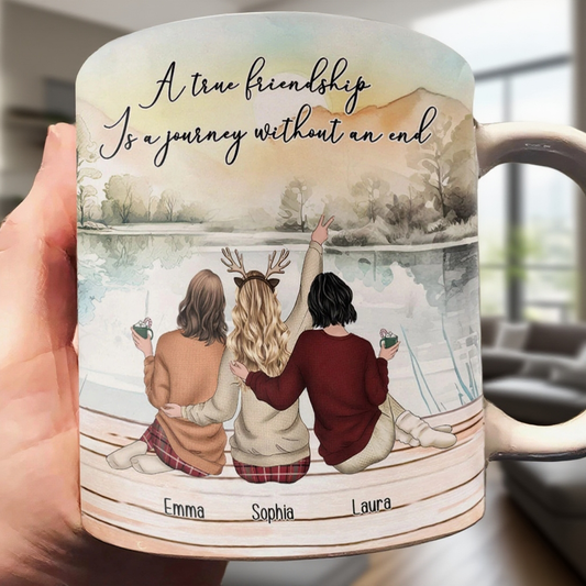 "Personalized 'A true friendship is a journey without an end' Ceramic Mug for Sisters, Customizable"