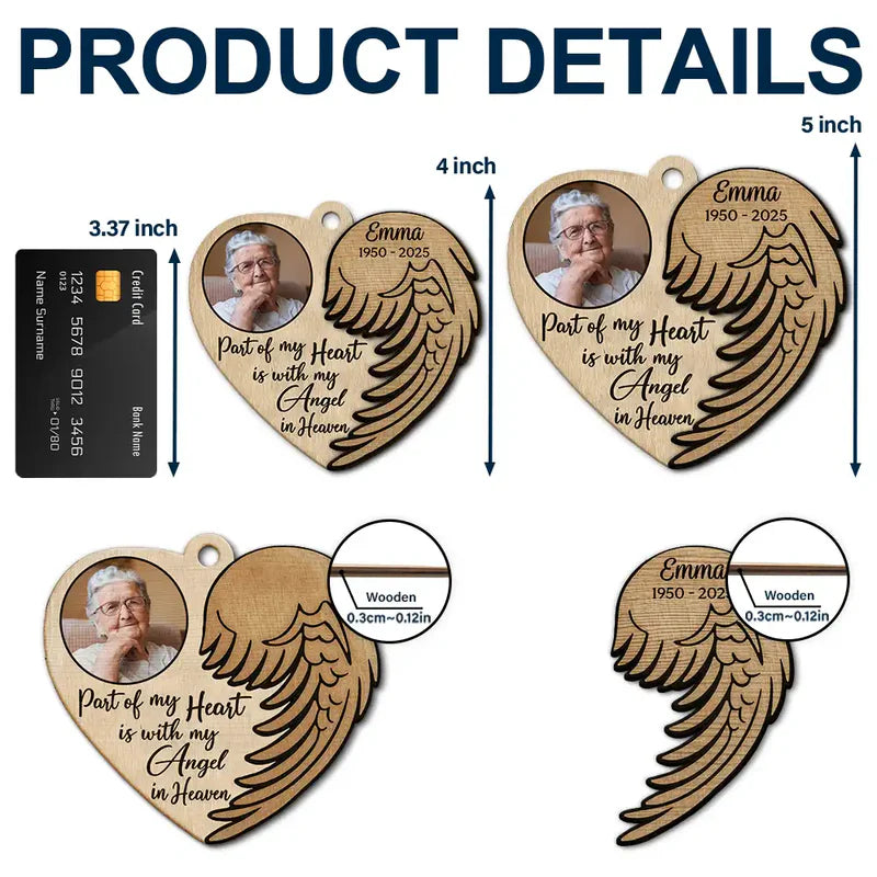 Wooden Ornament 2-Layer Heart with Angel Wing, Part of My Heart photo memorial, a unique gift for family