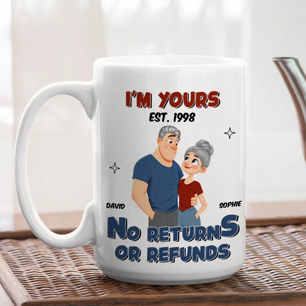 White Ceramic Mug Personalized with Cartoon Couple Hug, Playful No Returns or Refunds Design, Cute Gift for Couples