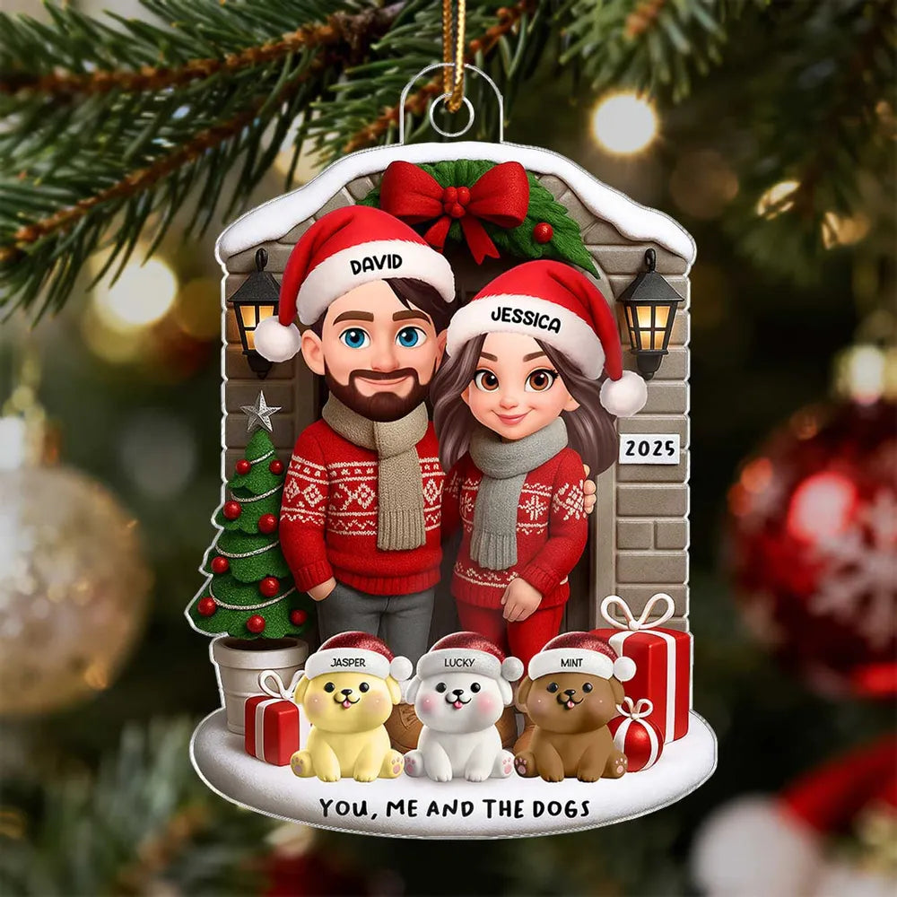 Acrylic Ornament featuring “You, Me and the Dogs” theme, festive sweaters, gifts and tree—perfect holiday gift for Couples and Dog Lovers