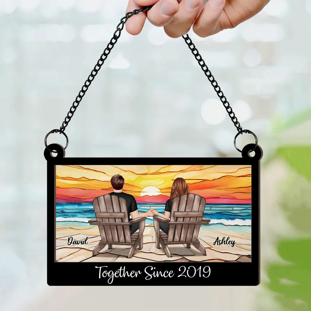 Wood and Acrylic Layered Ornament with Couple Holding Hands on Beach Chairs, Sunset Scene, Perfect Gift for Love and Home Décor
