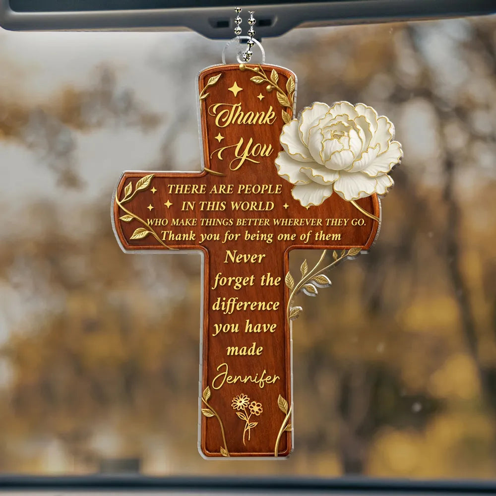 Acrylic Car Hanger Gratitude Cross With Flowers, Personalized Thank You Keepsake, Unique Appreciation Gift