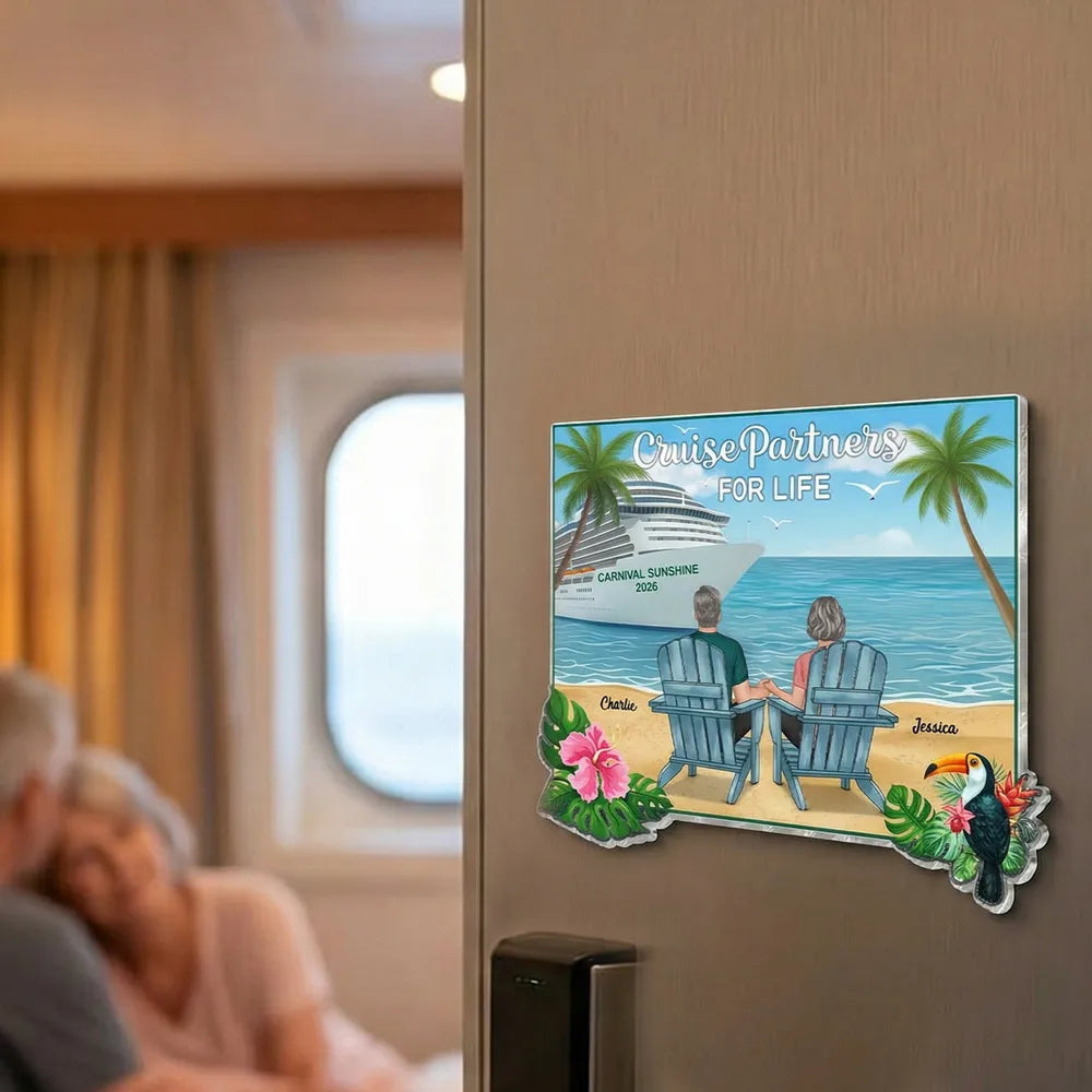 Acrylic Magnet Personalized Cruise Beach Scene - Back View Couple in Adirondack Chairs, Sweet Romantic Gift for Couples