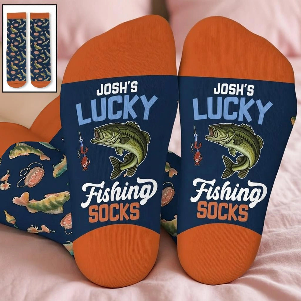 Personalized Fishing Crew Socks with Custom Name, Lucky Fisherman Gift, Funny Vibrant Fish Design