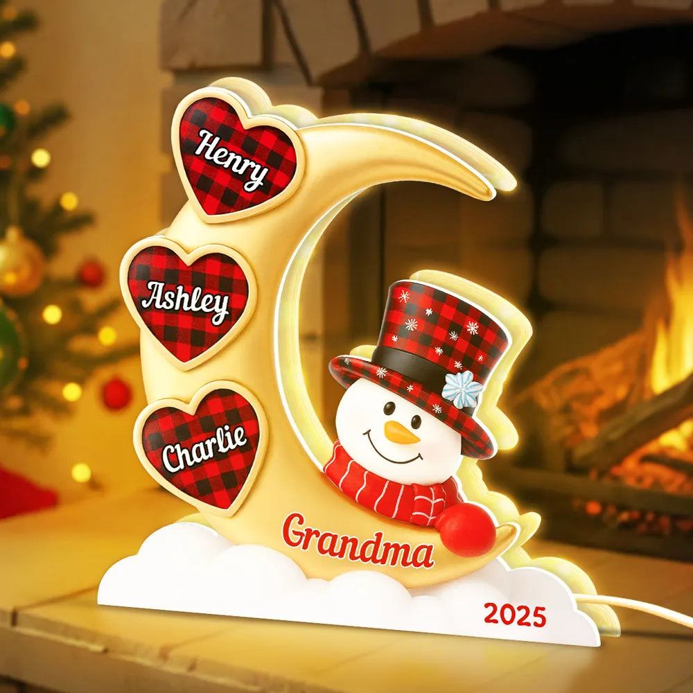 Snowman Moon Acrylic Light Box, Custom for Grandma, Cozy Christmas Decor with Soft Warm Glow, Unique Keepsake Gift