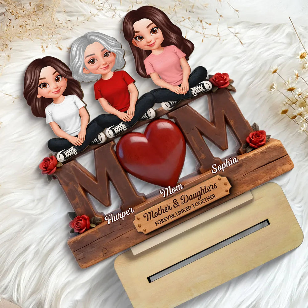 Personalized 2-Layer Wooden Plaque MOM Heart With Sitting Mother and Daughters Roses - Unique Gift for Mom