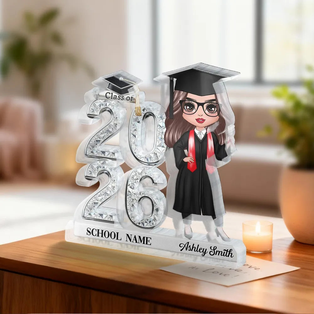 Shaped Acrylic Block Plaque Personalized for Graduation, Glam Class Year Display with Grad Girl Holding Diploma, Thoughtful Gift