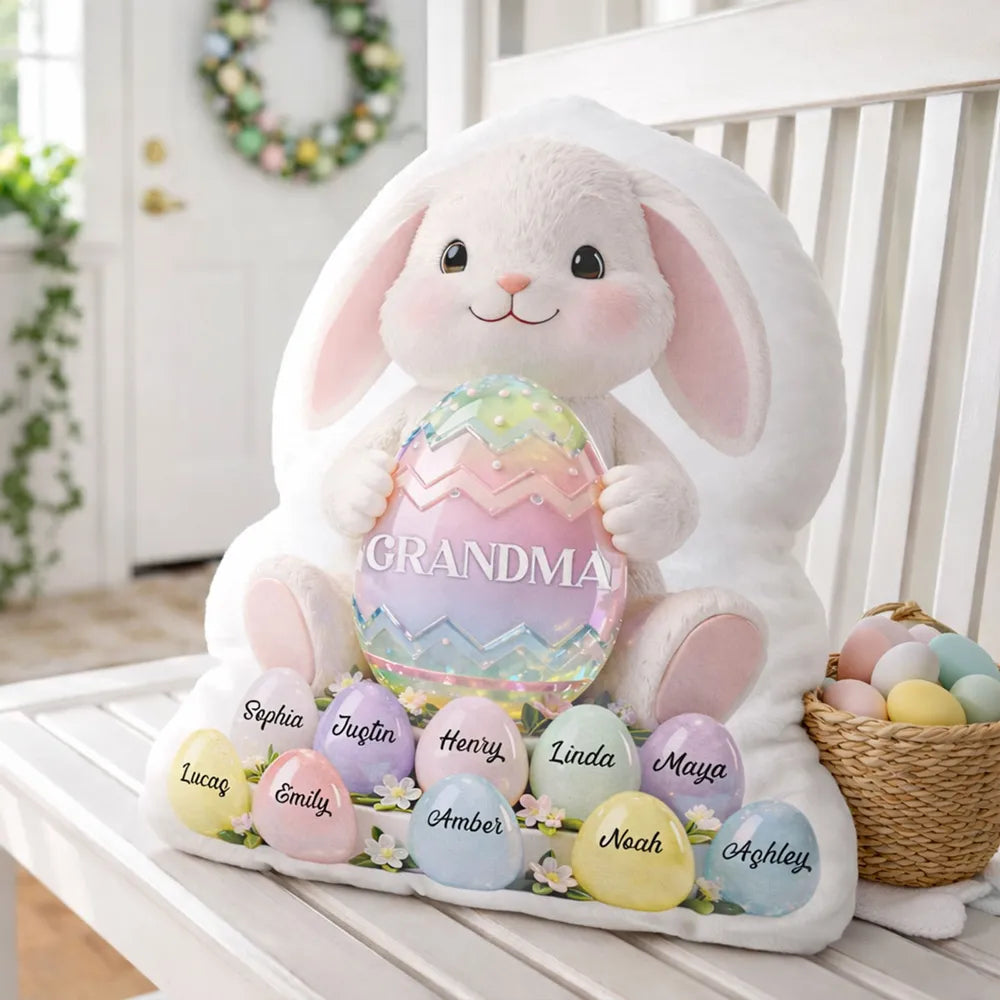 Grandma Easter Bunny Shaped Pillow, Personalized Keepsake With Pastel Egg Art, Sweet Home Decor Gift for Grandma