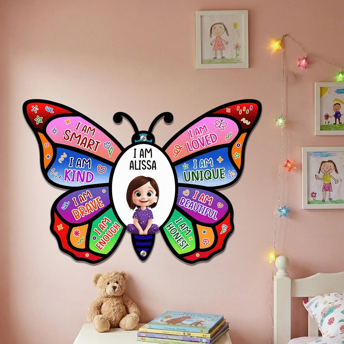 Shaped Metal Sign Personalized I Am Affirmations Butterfly with Cute Girl Illustration, Bright Wall Decor, Thoughtful Gift