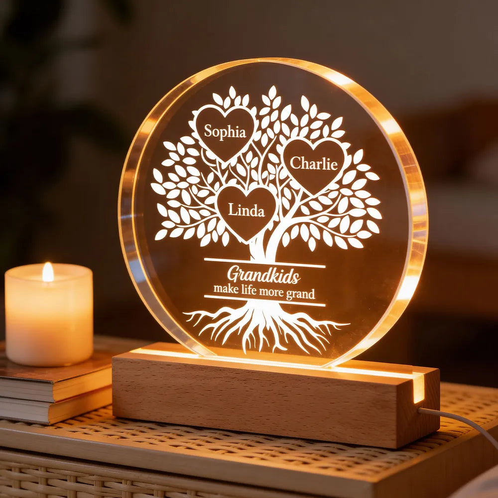 Shaped Acrylic Block LED Plaque Personalized for Grandma - Glowing Grandkids Family Tree Keepsake, Heartwarming Gift