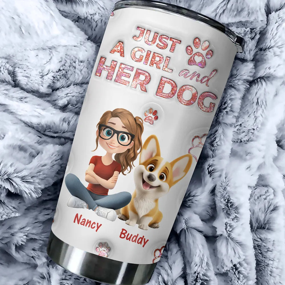 Personalized Insulated Travel Tumbler for Dog Moms, Just a Girl and Her Dog Art, Cute Unique Gift for Pet Lovers