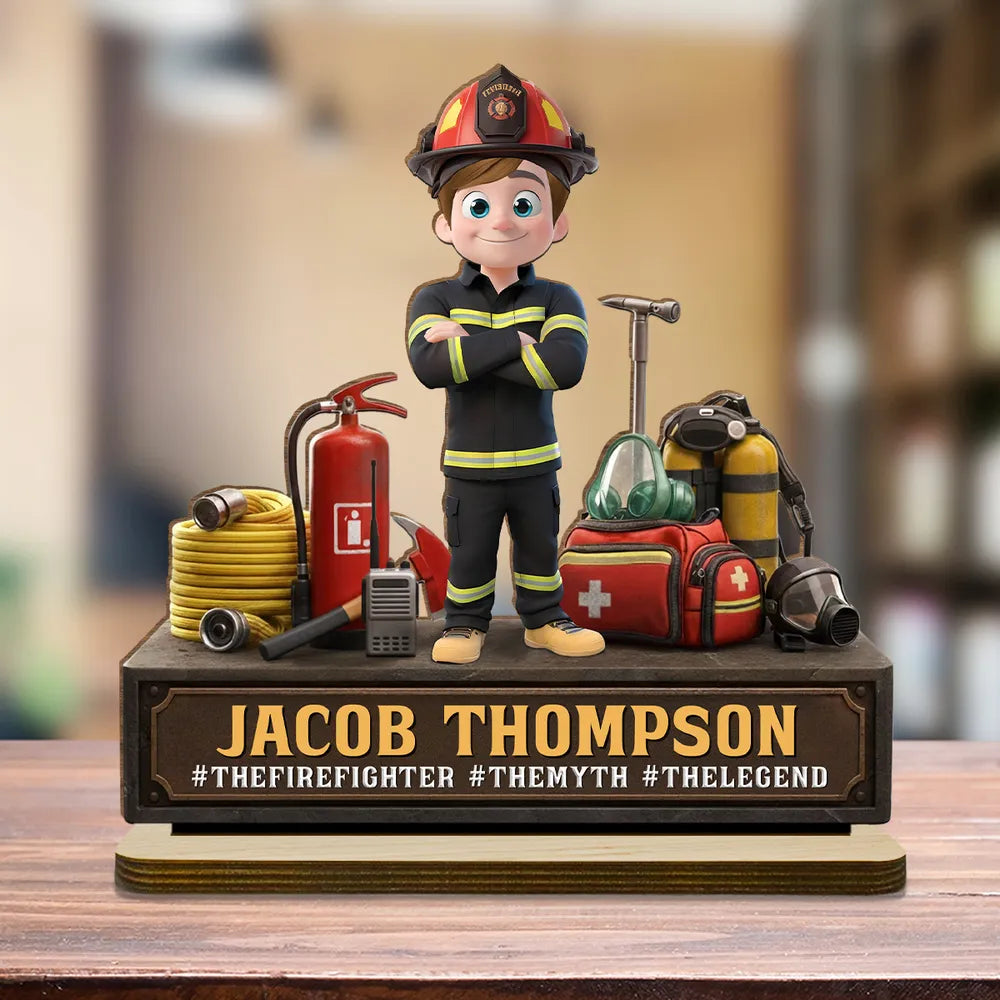 Personalized Firefighter 2-Layer Wooden Plaque, Cartoon Hero Gear Display, Unique Gift for Firefighters