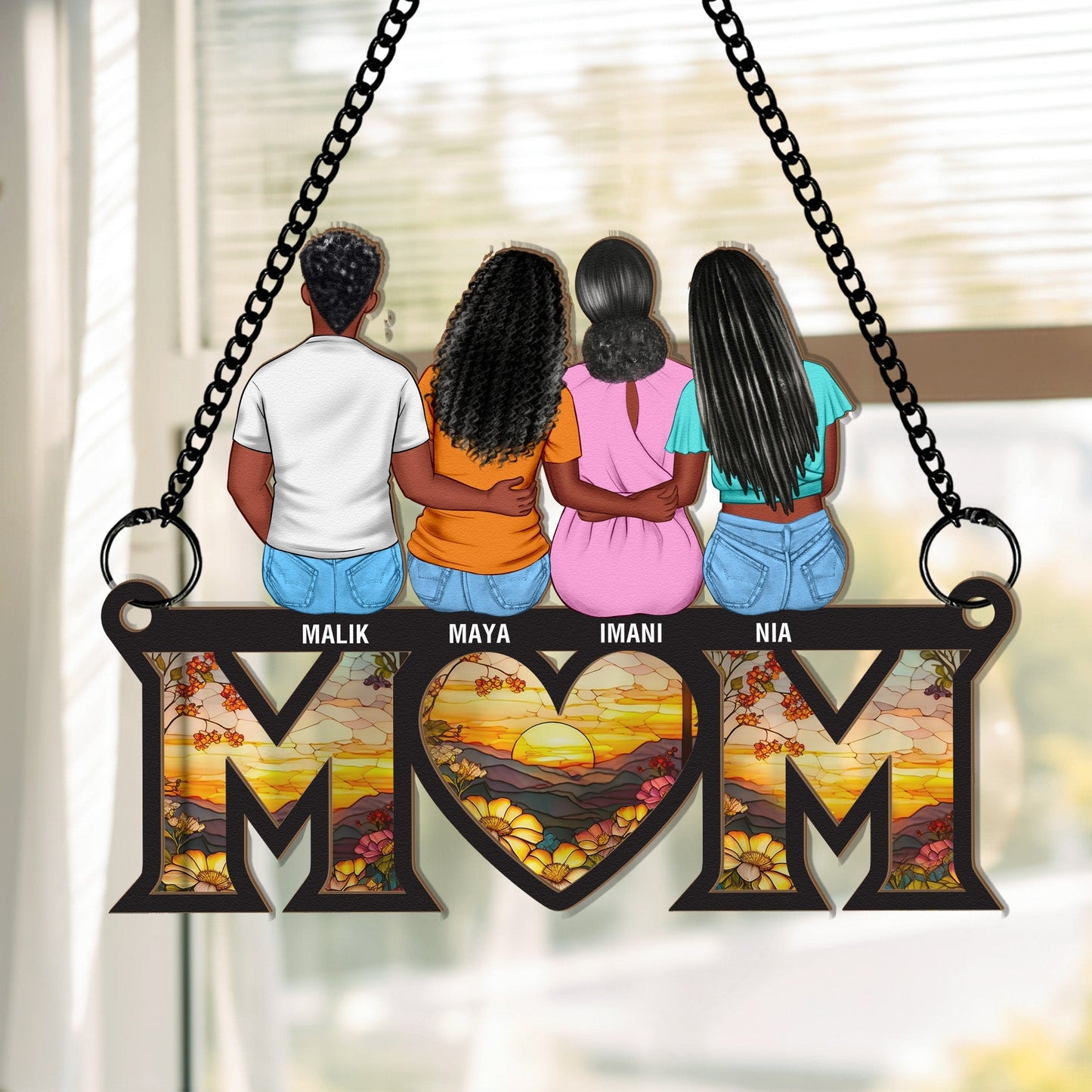 Personalized Wood and Acrylic Layered Ornament Mom Stained Glass Style Family Hug Window Hanging, Unique Gift for Mom