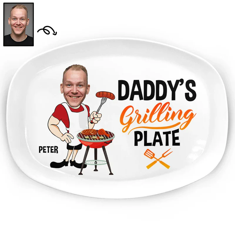 Personalized Grilling Plate for Grill Master Dad – Fun Cartoon BBQ Design, Unique Backyard Gift for Papa