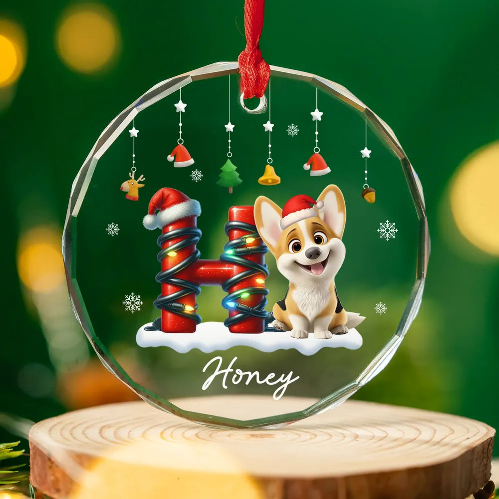 Crystal Ornament - Cute Puppy in Santa Hat, Snowflakes, Personalized Christmas decor, unique gift for dog lovers